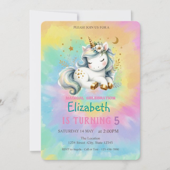 Invitation Chic Magique Unicorn Rainbow Tie Dye Anniversaire (Devant)