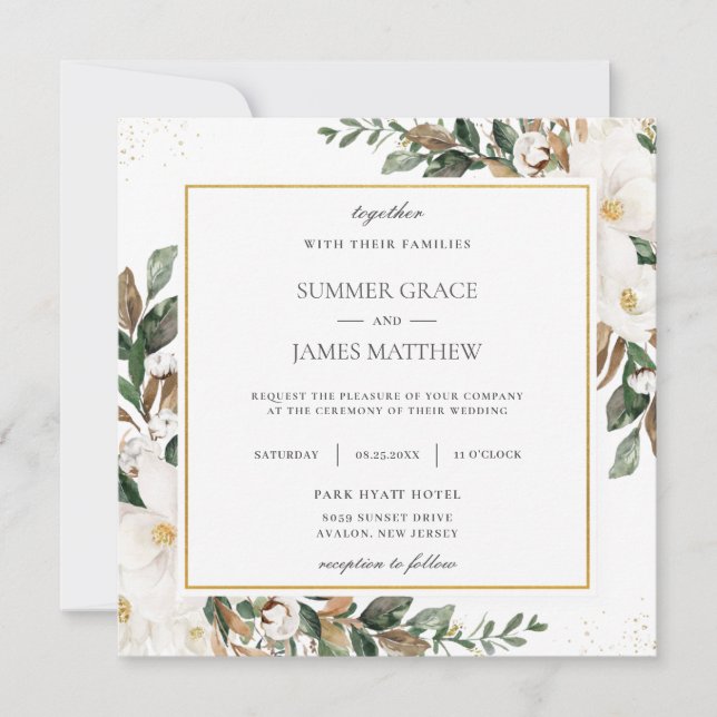 Invitation Chic Magnolia Floral Mariage Carré dans (Devant)