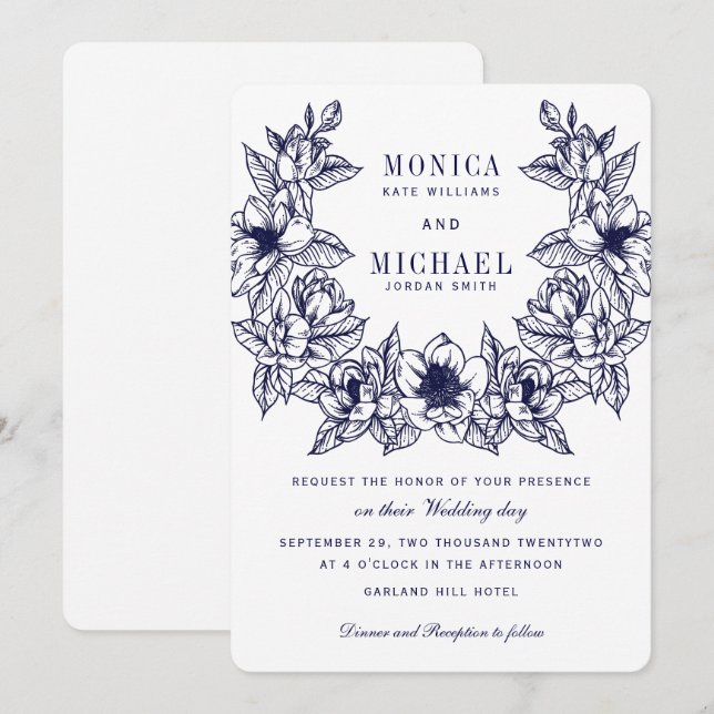 Invitation Chic Magnolia Wreath | Mariage bleu marine (Devant / Derrière)