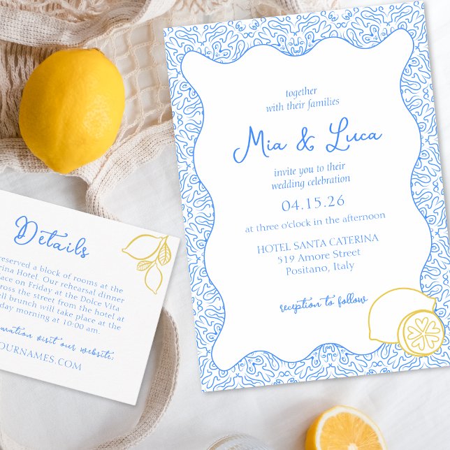 Invitation Chic Mariage italien citron bleu méditerranéen (Luxe Italian wedding invitation featuring a lemon detail, perfect for a Mediterranean celebration.)