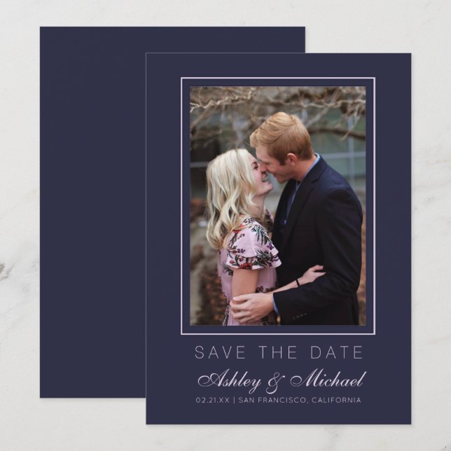 Invitation Chic Mariage Photo Save The Date Bleu Foncé Rose (Devant / Derrière)