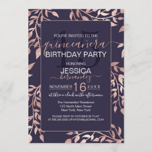 Invitation Chic Marine Bleu Rose Or Floral Feuilles Quinceañe