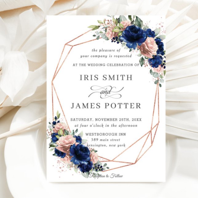 Invitation Chic Marine Rose Gold Blush Floral Mariage géométr (Créateur téléchargé)