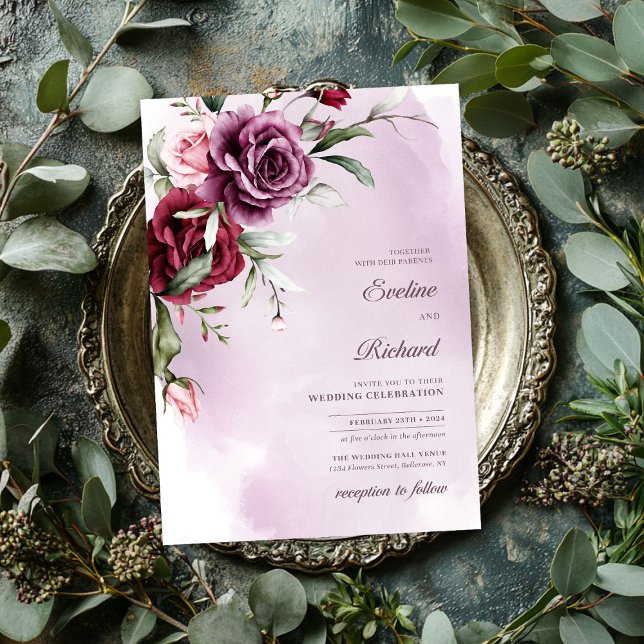 Invitation Chic marron d'aquarelle et roses bordeaux (Chic watercolor maroon and burgundy roses invitation)