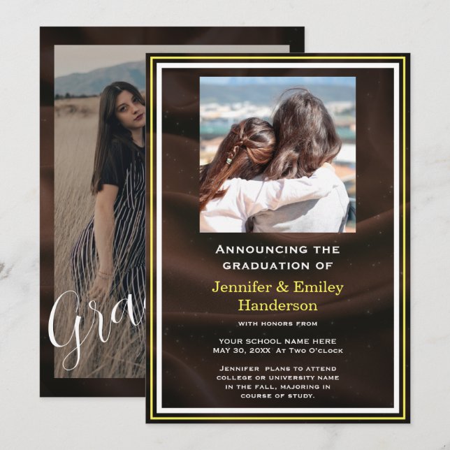 Invitation Chic Marron photo double graduation Announcement (Devant / Derrière)