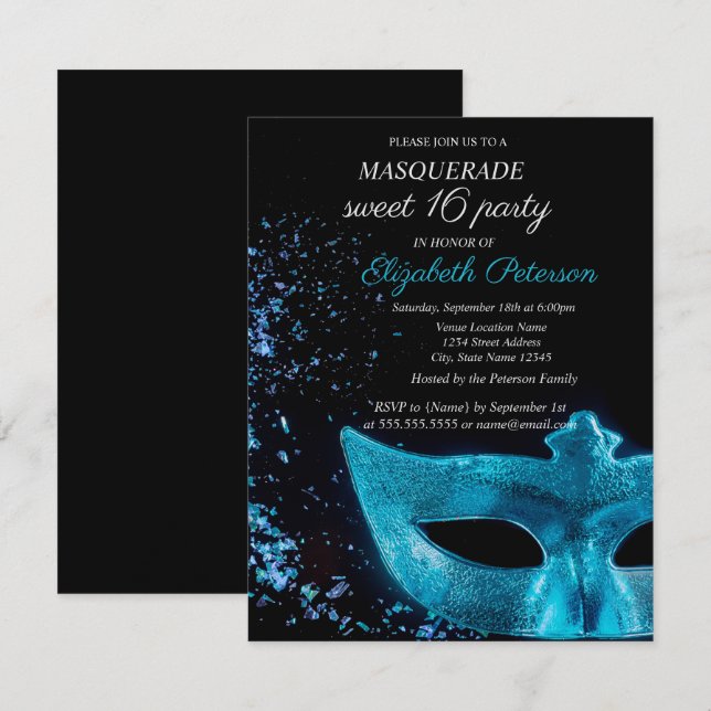 Invitation Chic Mascarade bleue Masque noir Sweet 16 (Devant / Derrière)