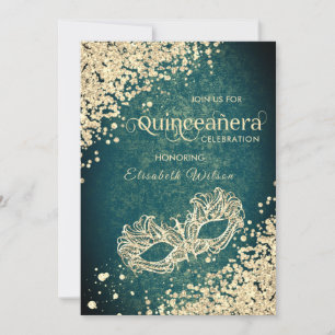 Invitation Chic Masquerade diamant luxe Quinceañera vert