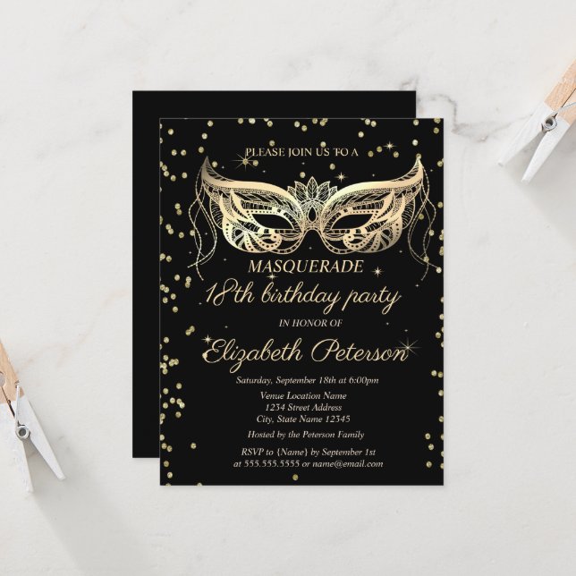 Invitation Chic Masquerade Gold Diamonds 18e anniversaire (Devant/Arrière en situation)