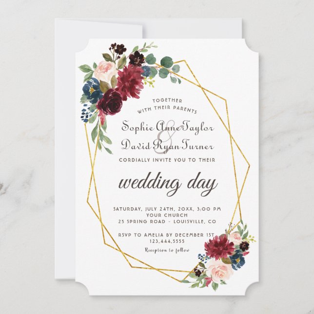 Invitation Chic Merlot Marine Blue Floral Gold Frame Mariage (Devant)
