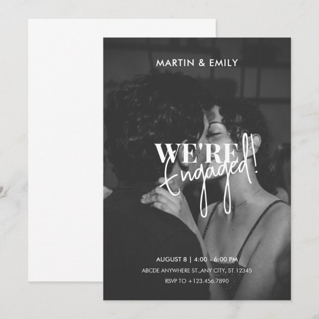 Invitation Chic minimaliste photo noir et blanc Fiançailles (Devant / Derrière)