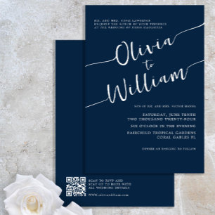 Invitation Chic minimaliste QR Code Mariage bleu marine