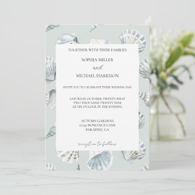 Invitation Chic Mint Blue Beach Shells Wedding (Debout devant)