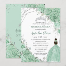Chic Mint Green Floral Princesse Silver Quinceañer