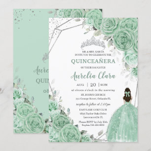 Invitation Chic Mint Green Floral Princesse Silver Quinceañer