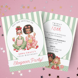 Invitation Chic Mint Stripe Girls Sleepover Birthday