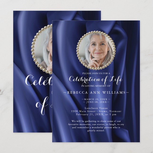 Invitation Chic Modern Navy Silky Photo Celebration of Life (Devant / Derrière)