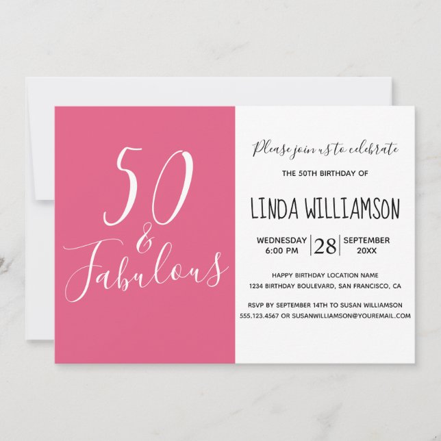 Invitation Chic Moderne 50 Fabuleux Hot Pink 50e anniversaire (Devant)