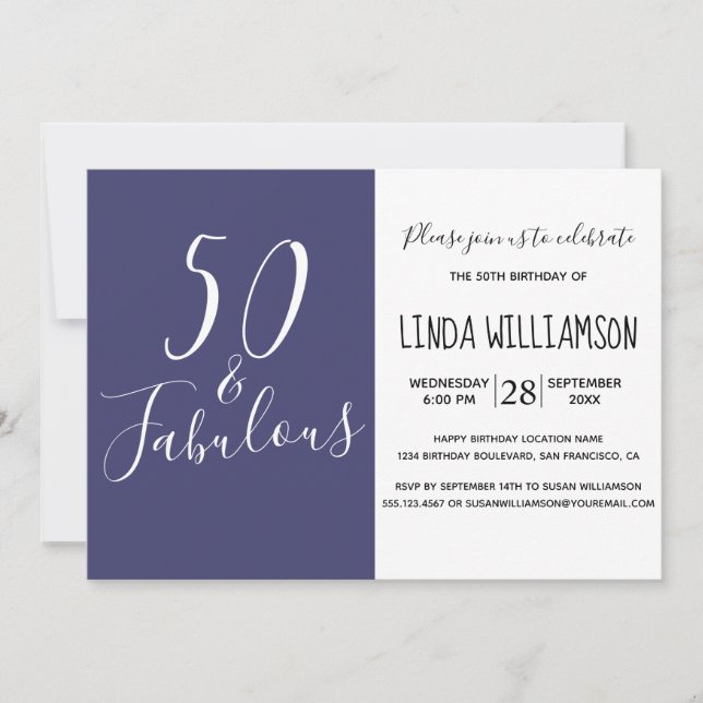 Invitation Chic Moderne 50 Fabuleux Marine bleu 50e anniversa (Devant)