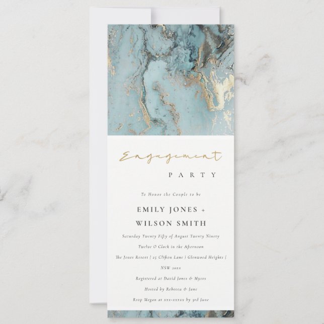INVITATION CHIC MODERNE AQUA DUSKY BLUE GOLD AGATE FIANÇAILLE (Devant)