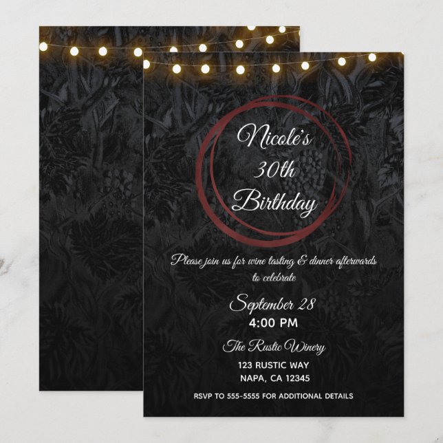 Invitation Chic moderne Black & Bourgogne Red Wine Rings Part (Devant / Derrière)