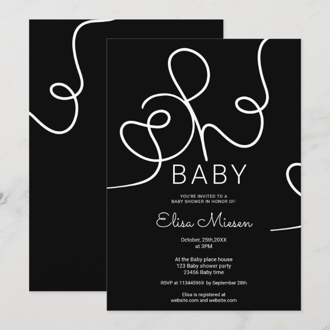 Invitation Chic moderne blanc calligraphie noir Oh baby showe (Devant / Derrière)