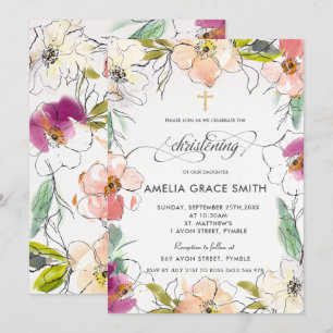 Invitation Chic Moderne Elégant Aquarelle Floral Christening