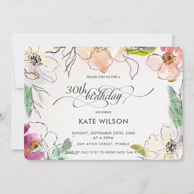 Invitation Chic Moderne Elégante Aquarelle Florale Anniversai (Devant)
