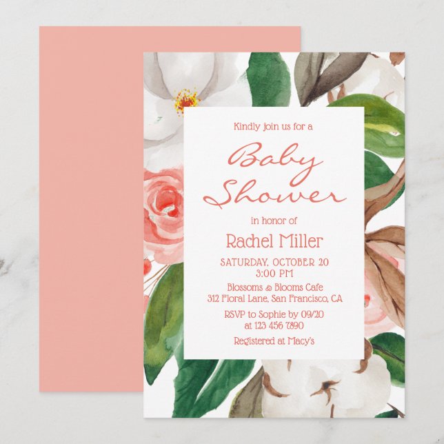 Invitation Chic Moderne Floral Aquarelle Baby shower fille (Devant / Derrière)