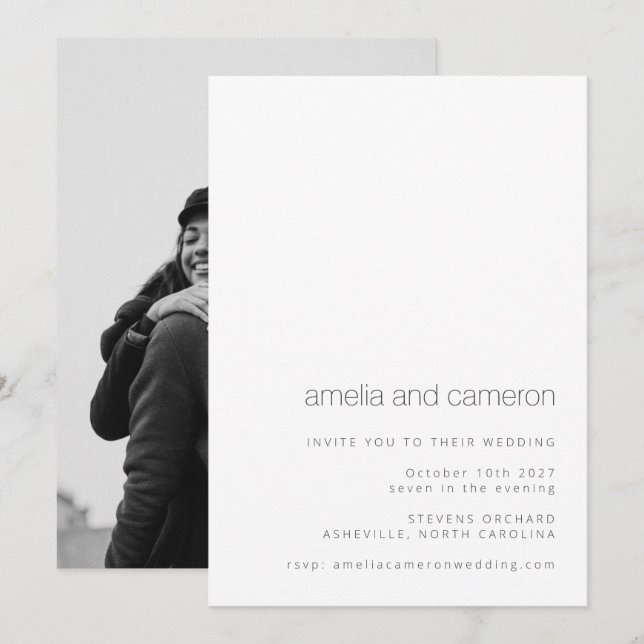 Invitation Chic moderne Mariage noir blanc tout en un photo (Devant / Derrière)