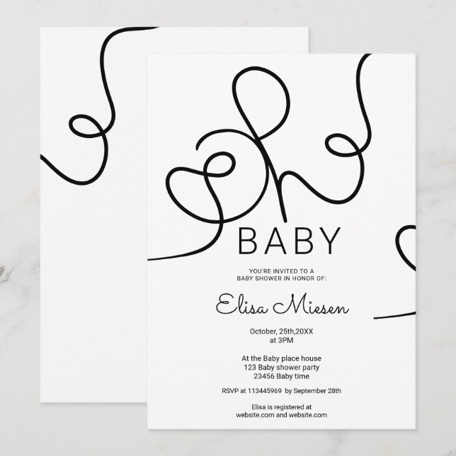 Invitation Chic moderne noir calligraphie blanche Oh baby sho (Devant / Derrière)
