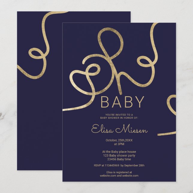 Invitation Chic moderne or marine calligraphie Oh baby shower (Devant / Derrière)