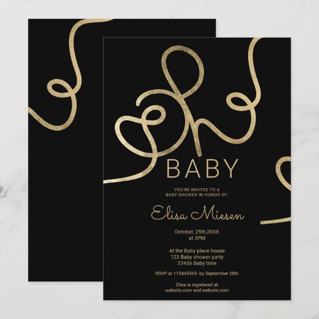 Invitation Chic moderne or noir calligraphie Oh baby shower (Devant / Derrière)