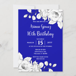 Invitation Chic Moderne Royal Bleu Blanc Floral 16e anniversa