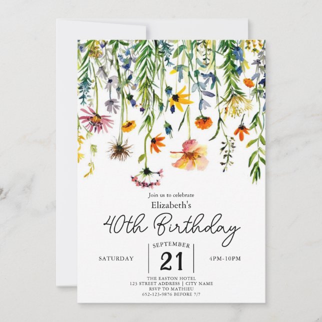 Invitation Chic Nature Fleurs sauvages 40e anniversaire (Devant)