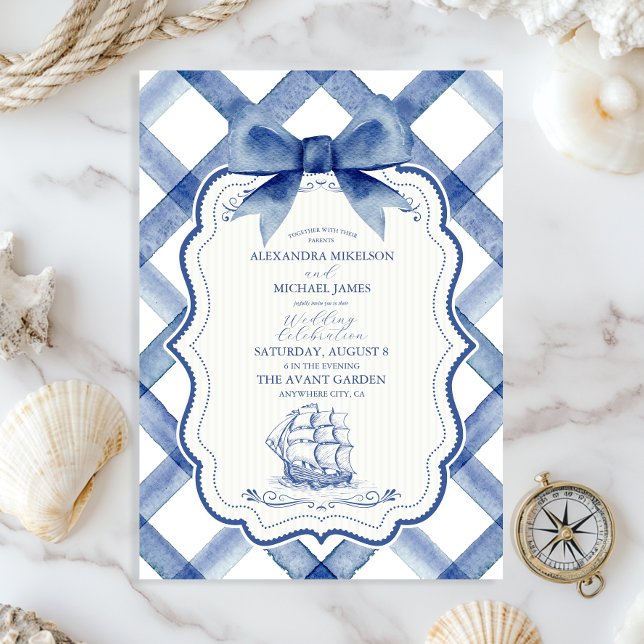 Invitation Chic Nautique Marine Mariage Bleu Bow (Créateur téléchargé)
