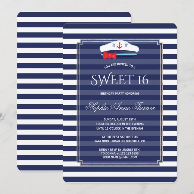 Invitation Chic Nautique Marine Stripes Silver Sweet 16 Party (Devant / Derrière)