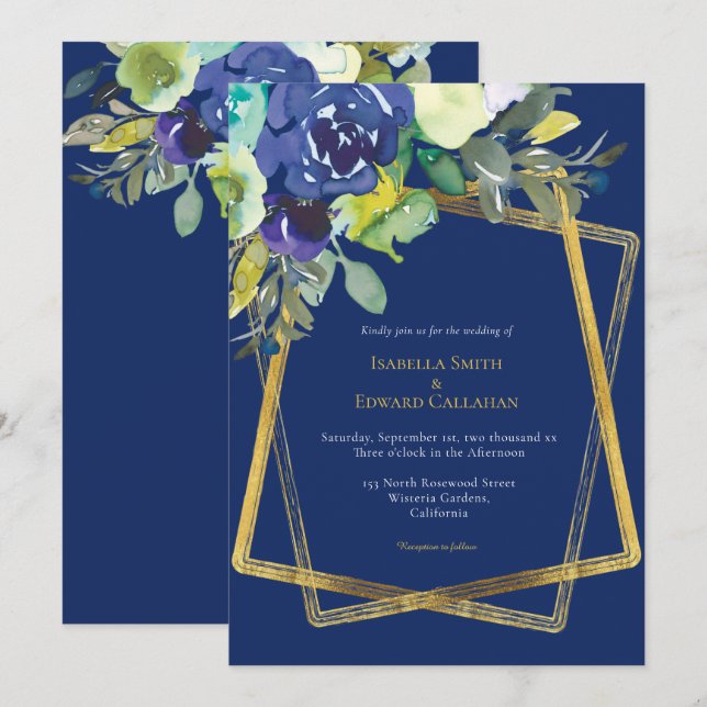 Invitation Chic Navy Aquarelle Floral Or Cadre géométrique (Devant / Derrière)