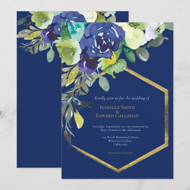 Invitation Chic Navy Aquarelle Floral Or Cadre géométrique (Devant / Derrière)