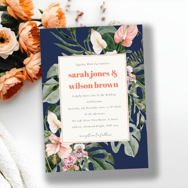 Invitation Chic Navy Blue Blush Boho Mariage floral tropical (Créateur téléchargé)