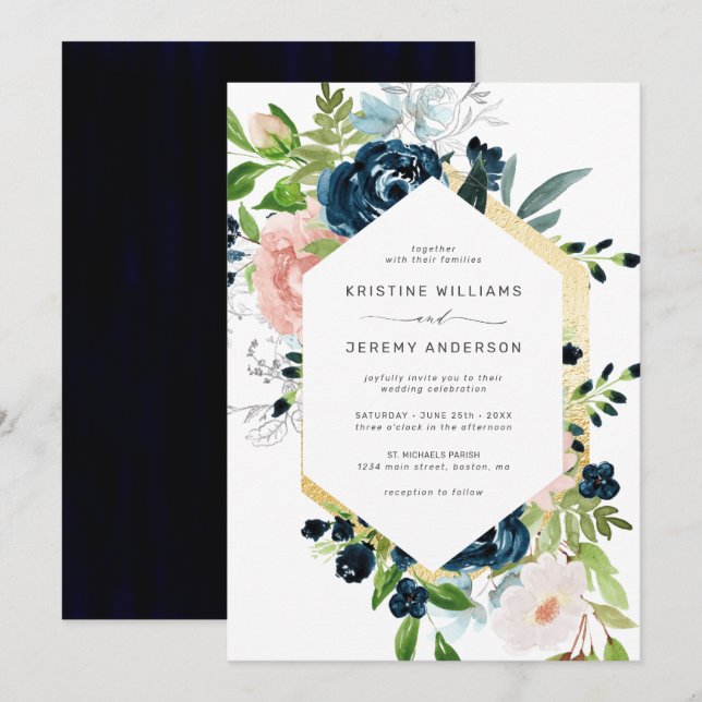 Invitation Chic Navy Blue Blush Rose Roses Floral Mariage (Devant / Derrière)