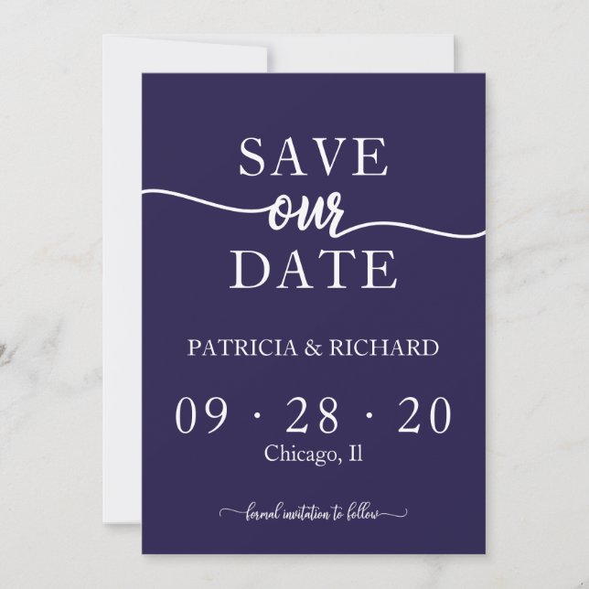 Invitation Chic Navy Blue Calligraphie Mariage Enregistrer La (Devant)