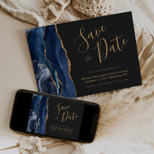 Invitation Chic Navy Blue Gold Agate Dark Enregistrer la cart