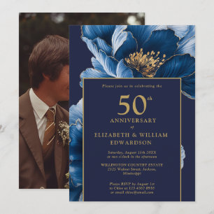 Invitation Chic Navy Blue Gold Floral 50e Anniversaire Photo