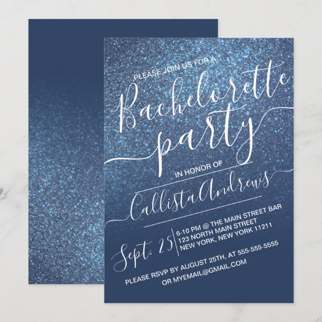 Invitation Chic Navy Blue Parties scintillant brillante Ombre (Devant / Derrière)