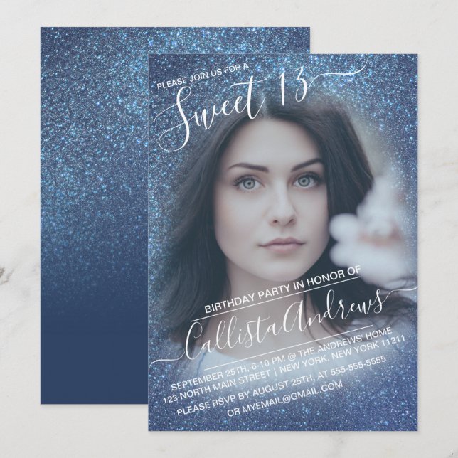 Invitation Chic Navy Blue Parties scintillant Ombre Photo Swe (Devant / Derrière)
