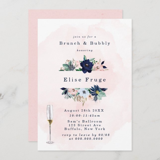 Invitation Chic Navy Blush Rose Florals Brunch & Bubbly (Devant / Derrière)