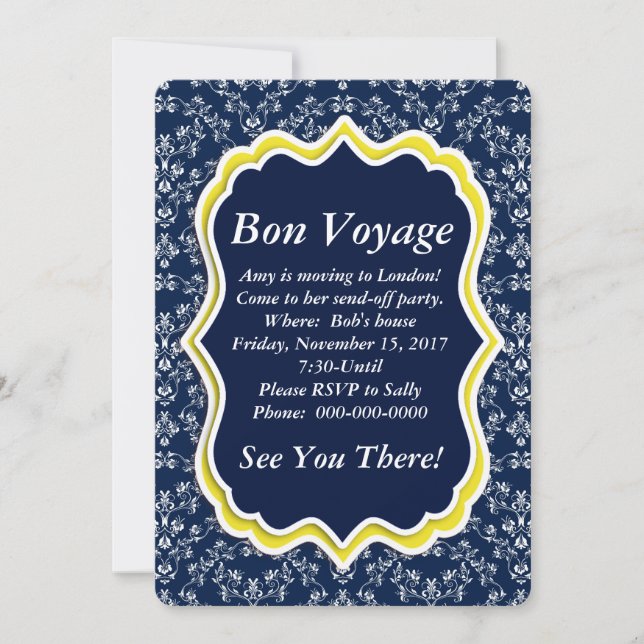 Invitation Chic Navy Damask Floral "Bon Voyage" (Devant)