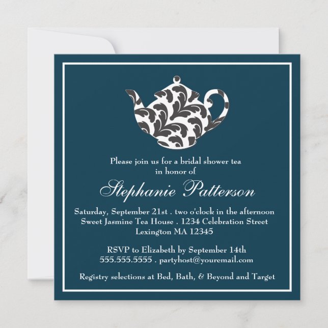Invitation Chic Navy et White w Damask Fête de l'mariée Tea P (Devant)