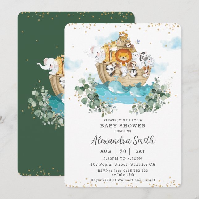 Invitation Chic Noah's Ark Greenery Cute Animals Baby shower (Devant / Derrière)