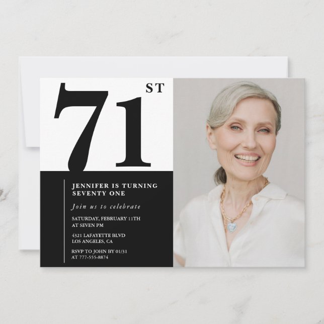 Invitation Chic noir blanc photo 71e anniversaire (Devant)